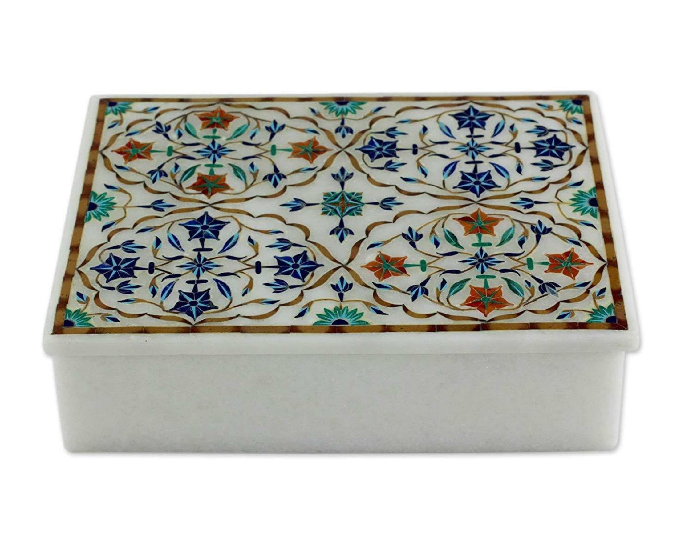Boîte à bijoux Pietra Dura pour une coiffeuse élégante en marbre blanc
