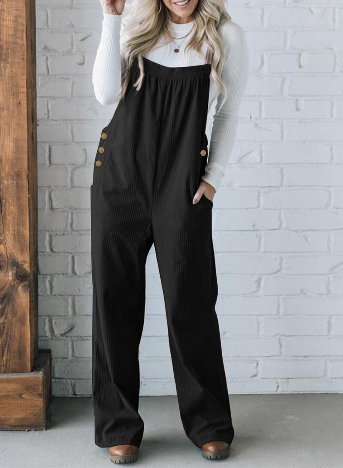 Happy Sailed Womens Corduroy Overalls Winter Fall Casual Sleeveless Adjustable Strap Wide Leg Long Pants Rompers - Image 3