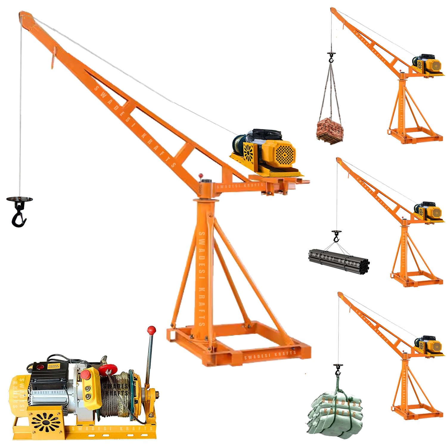 SWADESI KRAFTS Electric Mini Lifting Crane with 4HP Single Phase Electric Motor |8mm Wire Thickness | 50 Meter Length of the Wire and 53-55kg Frame | Mini Crane Scale 500kg