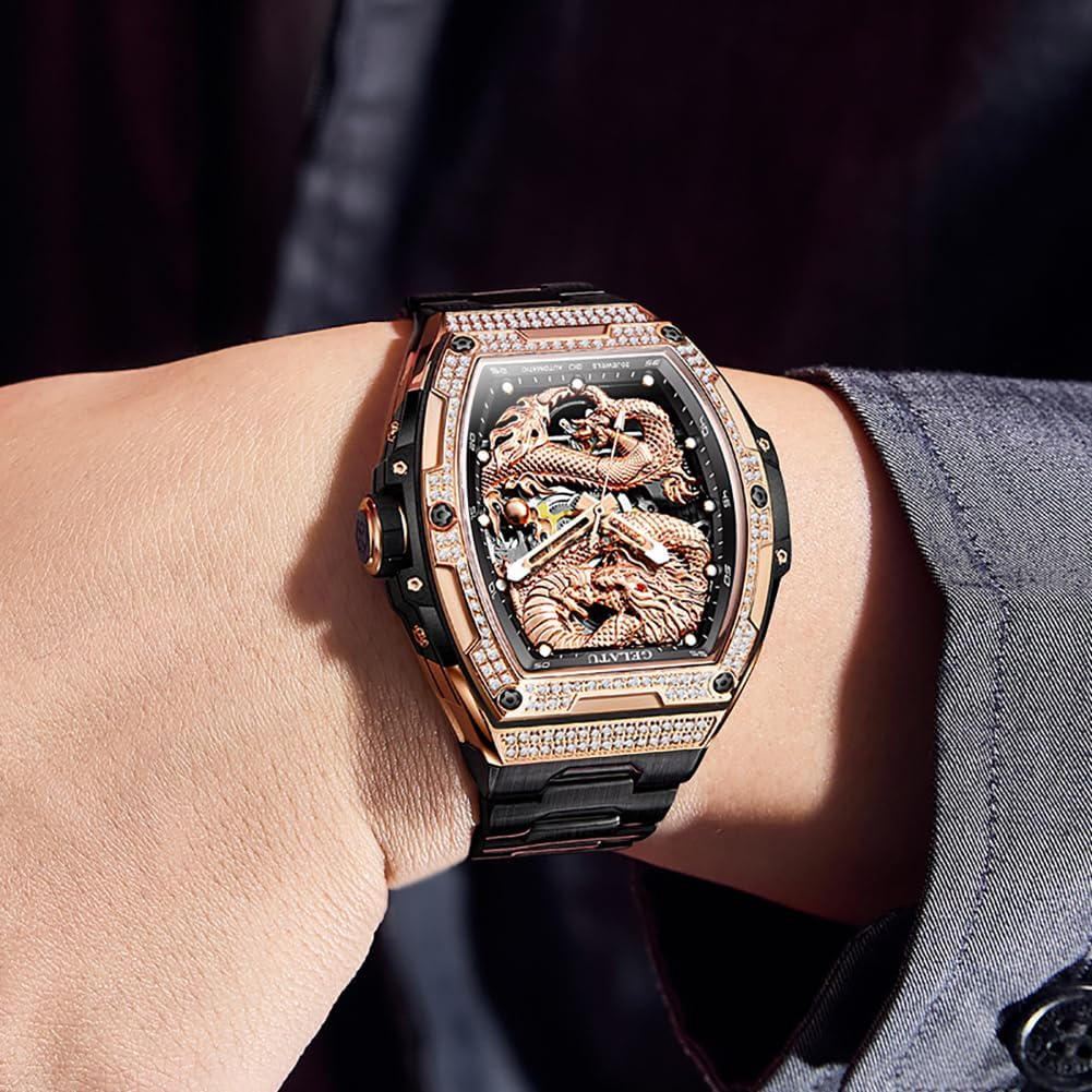 OUPINKE Mens Watches Automatic Skeleton Tourbillon Self Winding Luxury Sapphire Crystal Business Dress Wristwatch