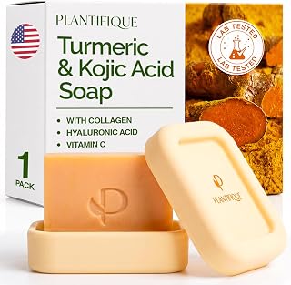 PLANTIFIQUE Kojic Acid & Turmeric Soap with Travel Case, 80 g | Facial soap with vitamin C, hyaluronic acid and collagen for daily cleansing, for skin with uneven skin tone and a fresh skin
