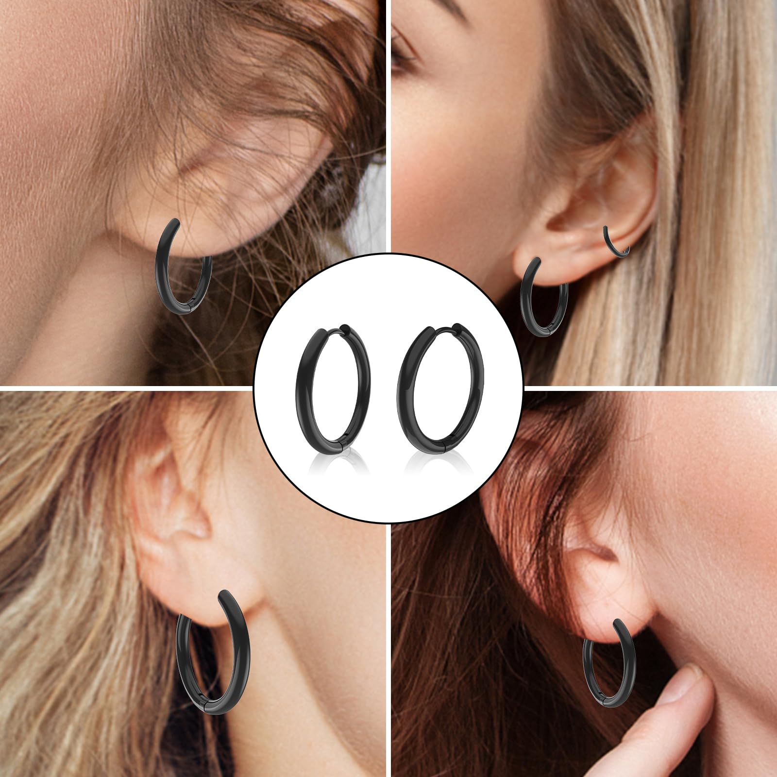 6 Paia Orecchini Acciaio Inossidabile di Orecchini Cerchio Piccoli per Uomini e Donne Ipoallergenici Set di Orecchini 8-18 mm (Nero)