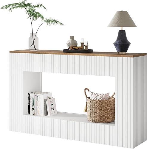 Miniatura 9 de Tribesigns Mesa consola moderna, mesa de entrada de madera de 55 pulgadas con almacenamiento (blanco)