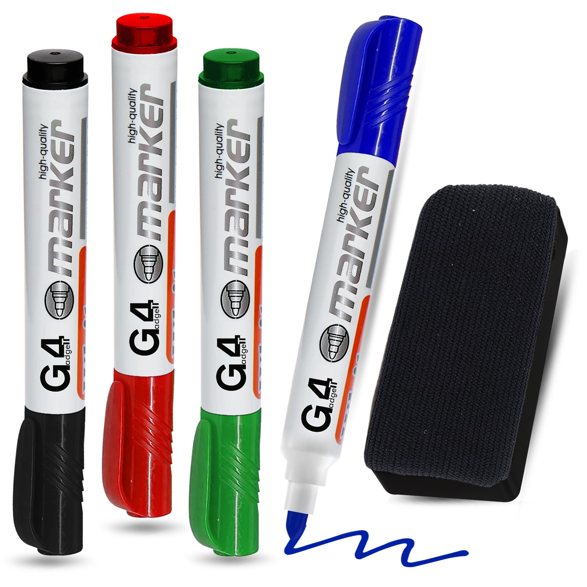 G4GADGET Paquete de 4 bolígrafos de pizarra blanca con borrador, rotuladores de borrado en seco, negro, azul, rojo, verde, marcadores de punta redonda borrables, bajo olor, no permanentes para la