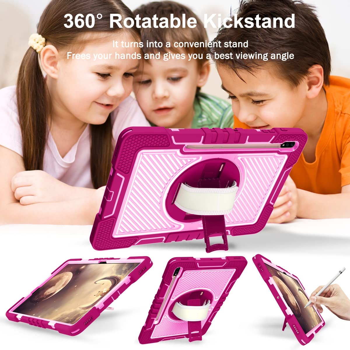 For Samsung Galaxy Tab S8 Plus 12.4 pulgada 2022 / S7 Fe . Pulgada 2021 y TAB 124 '' 2020 Tapa protectora duradera a prueba de golpes Duradera 360 grados Caja soporte giratorio la tableta(Rose Red+Pink)