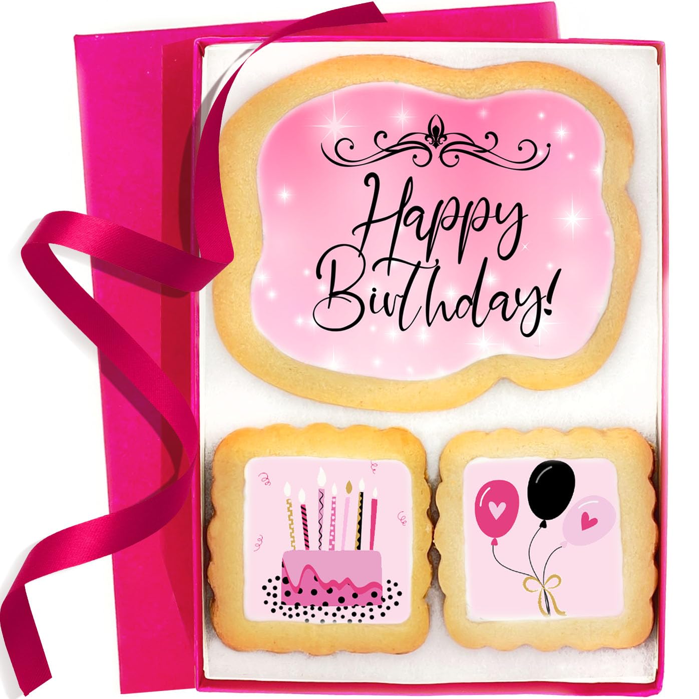 Happy Birthday Cookies 3 pack for Women Girls Teens Gift Basket For Her Mom | Pink Cookie Treats Cake Balloons | Individually Wrapped