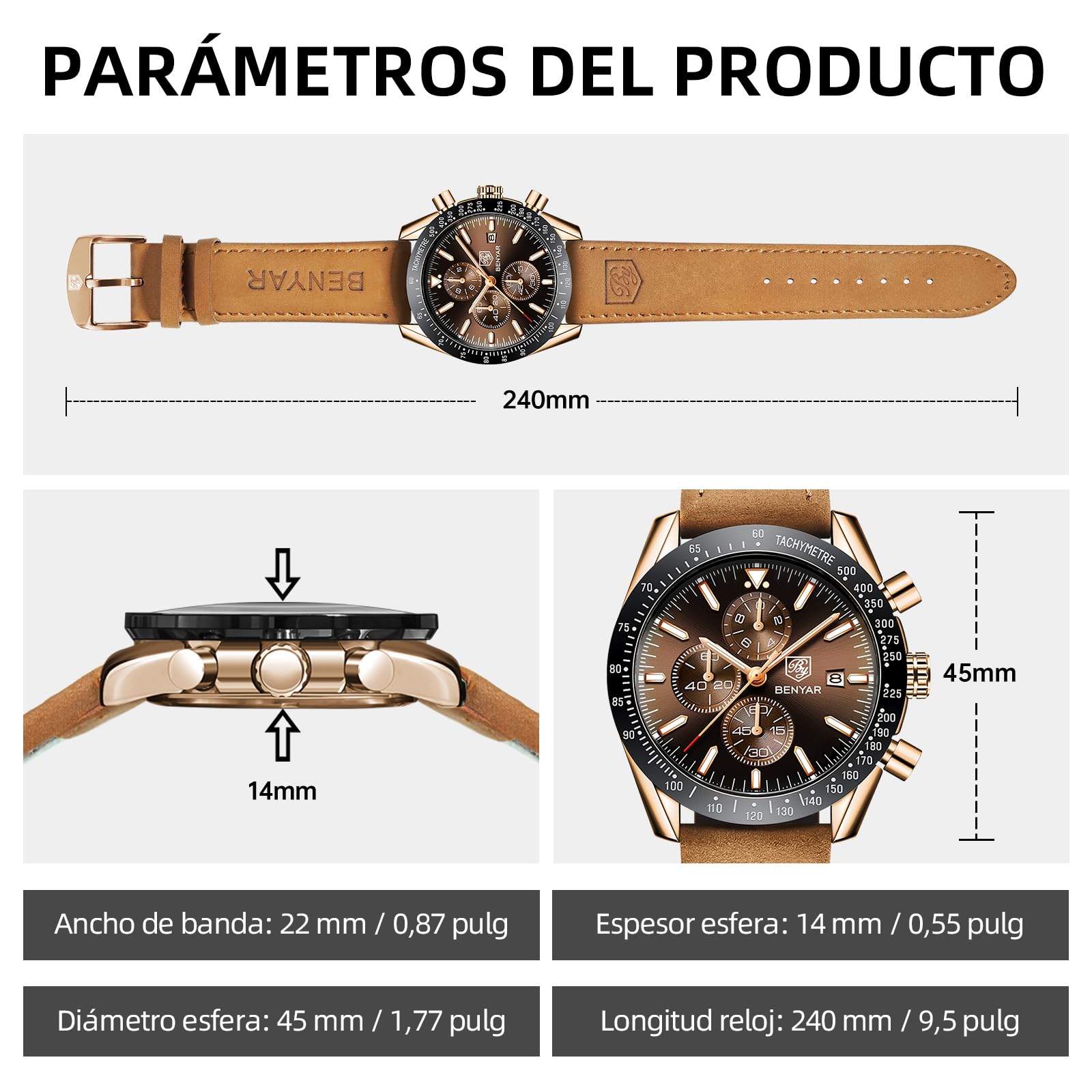 BENYAR, Relojes Hombre, Movimiento Cuarzo, Cronógrafo, Correa Piel/Acero/Silicona, Diseño Deportivo Negocio Moda, 30M/50M Impermeable, Resistente a los Arañazos, Regalos Elegantes para Hombres
