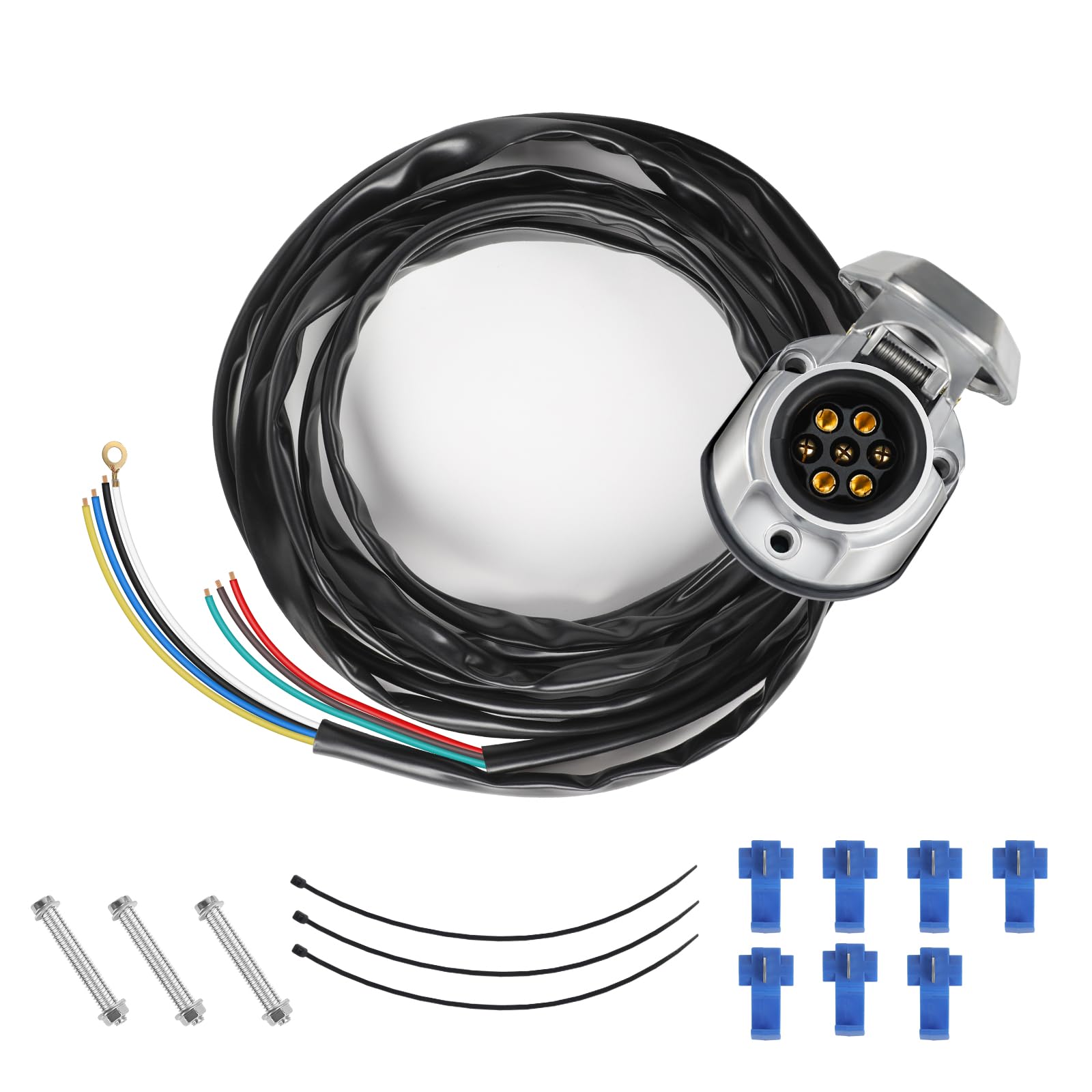 Yuanjoy 7 Poliger Anhänger Steckdose Set 2m Kabel Aluminium | 7 polige Steckdose vorverdrahtet CE RoHS Kunststoff Messing Kontakte korrosionsbeständig für Anhänger LKW Wohnwagen
