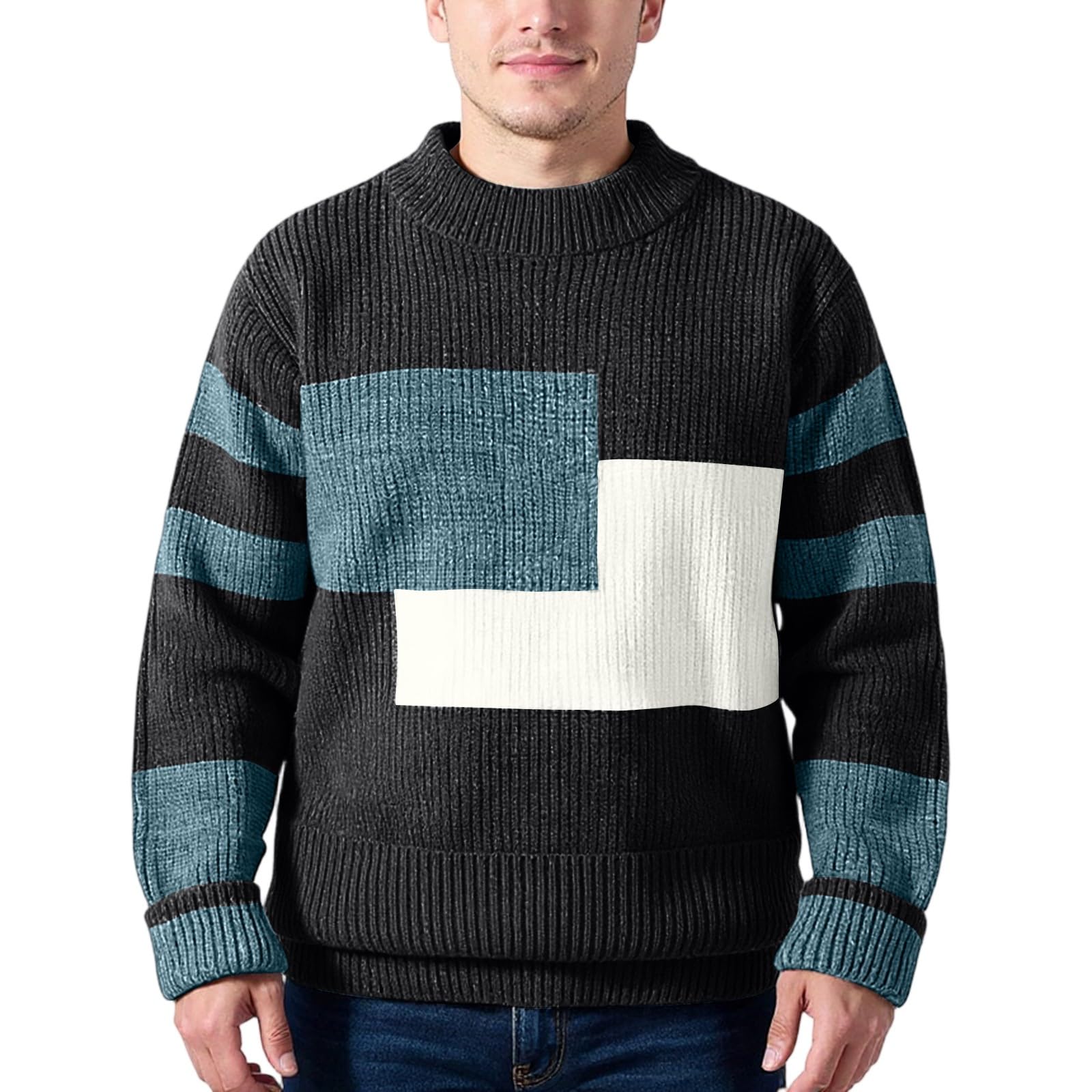 Herrenpullover Rundhals Grobstrickpullover Langarm Winterpullover Warm Strickpulli Sport Langarmshirt Farbblock