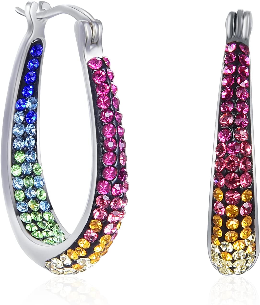 MUYUU Oval Hoop Earrings, Rhodium Plated Inside Out Crystal Hoop Earrings For Women Fashion Jewelry