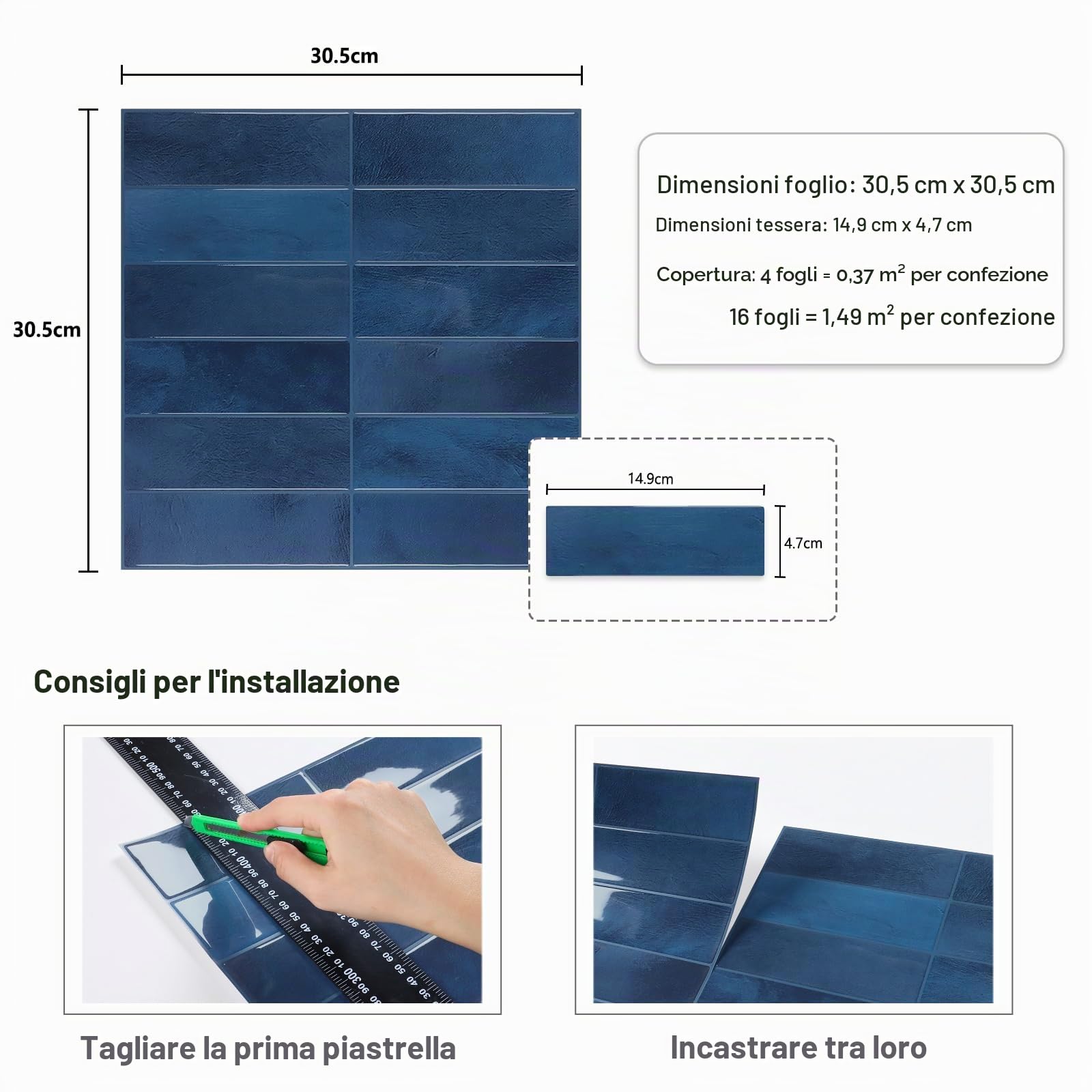 CRE8TIVE 16 Pezzi Piastrelle Adesive Muro Marmo Blu Paraschizzi Cucina Adesivo Impermeabile Piastrelle Adesive Cucina Metro Rimovibile Moderno Mattonelle Adesive Bagno Lavanderia Camino 30.5 x 30.5cm
