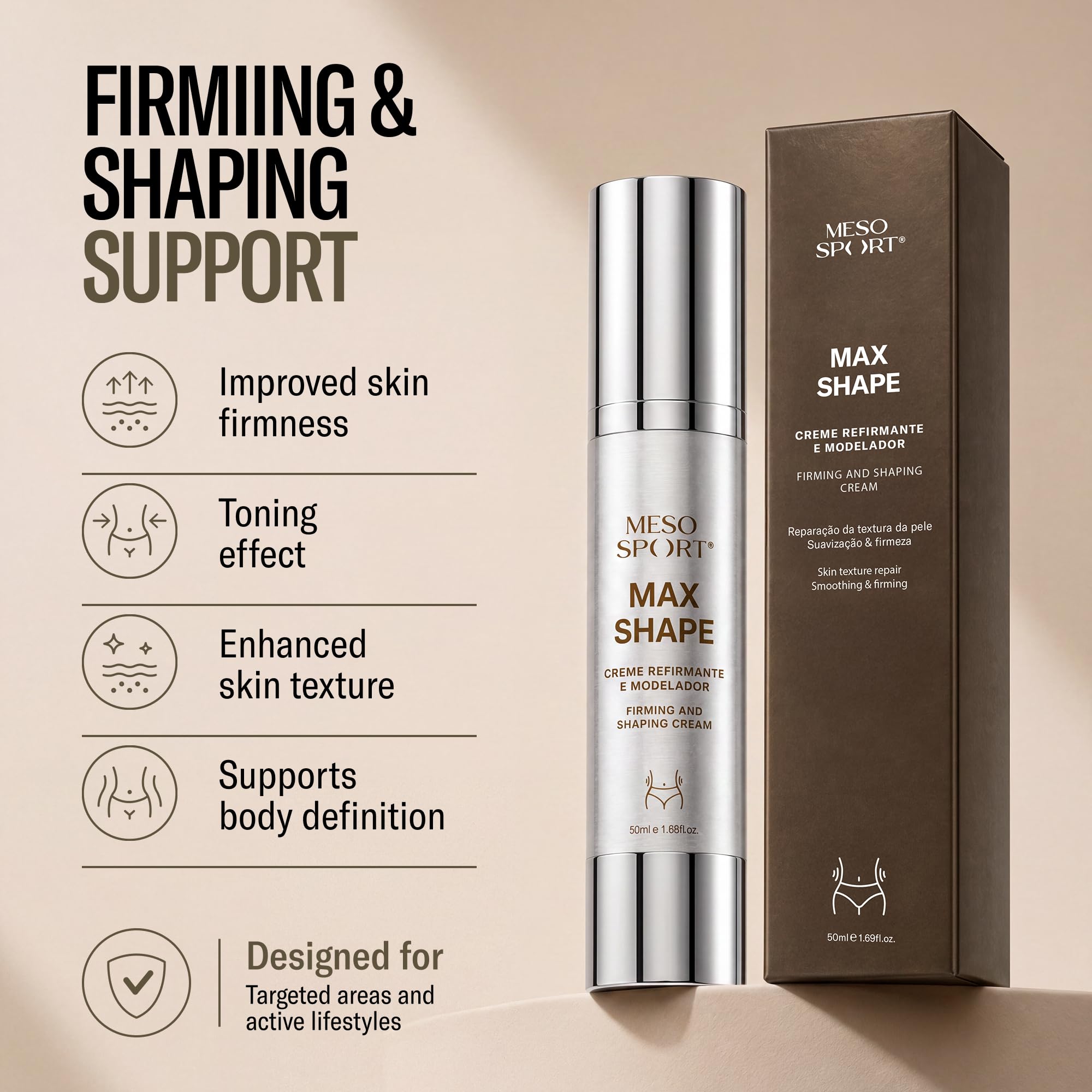 Max Shape Crema Reafirmante con Cafeína y L-Carnitina para Definición Corporal, 50ml