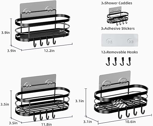 Miniatura 3 de LGQXGO Estante organizador de regadera, paquete de 3 estantes de baño adhesivos negros, estante de ducha con 12 ganchos, sin taladrar, organización