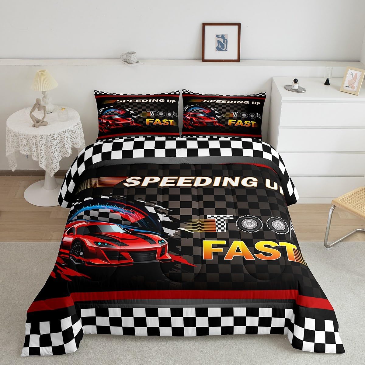 Castle Fairy Cool Automobile Style Bed Comforter Set Queen Size,Extreme Sports Theme Super Soft Microfiber Bedding Set for Adults Teens,Racing Car Theme Comforter Set,2 Pillowcases