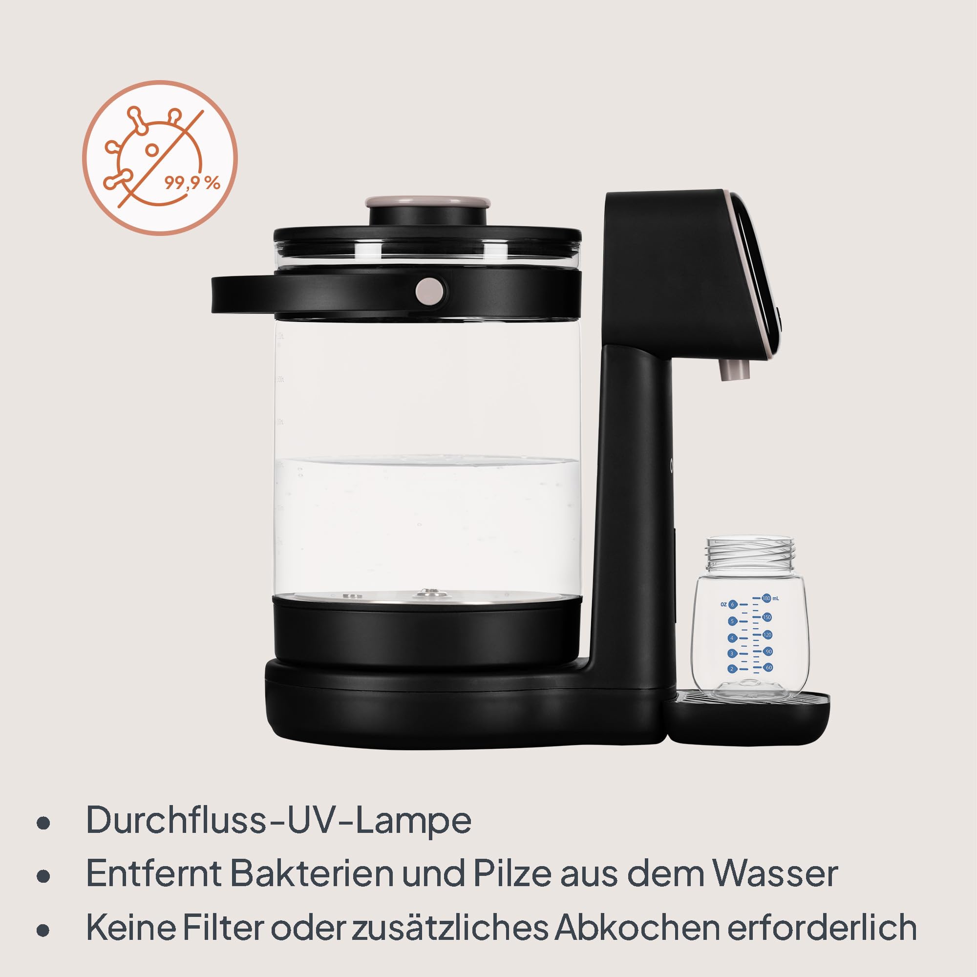Lionelo Babypresto 2.0 Fläschchenzubereiter, Milchzubereiter Baby und Flaschenwärmer Baby mit 40-100 °C, UV-Hygiene, Dechlorierung, 30-300 ml Dosierung, 3 L Glasbehälter, LED-Display, Touch-Sperre