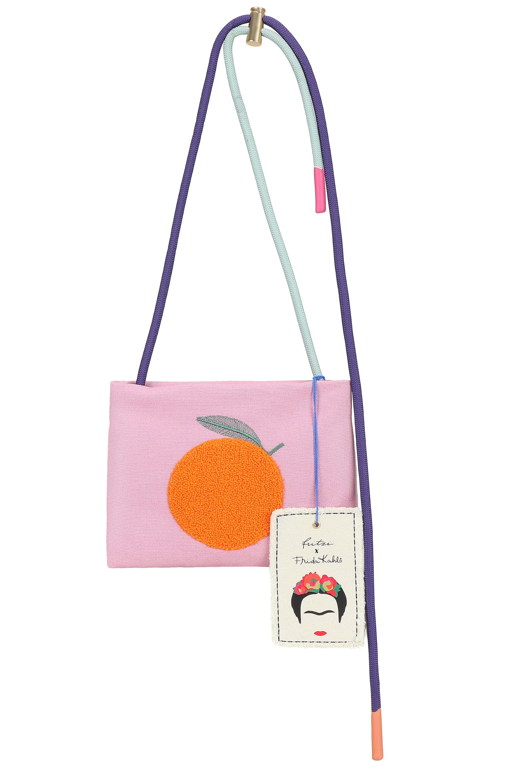 Fritzi x Frida Kahlo ME Limited Crossbody Tasche Damen Umhängetasche Canvas Reißverschluss Innenfach Steckfach Schultergurt Freizeit 17,5 x 24 x 1 cm – Lila, Türkis, Hellblau, Rosa, Olivgrün