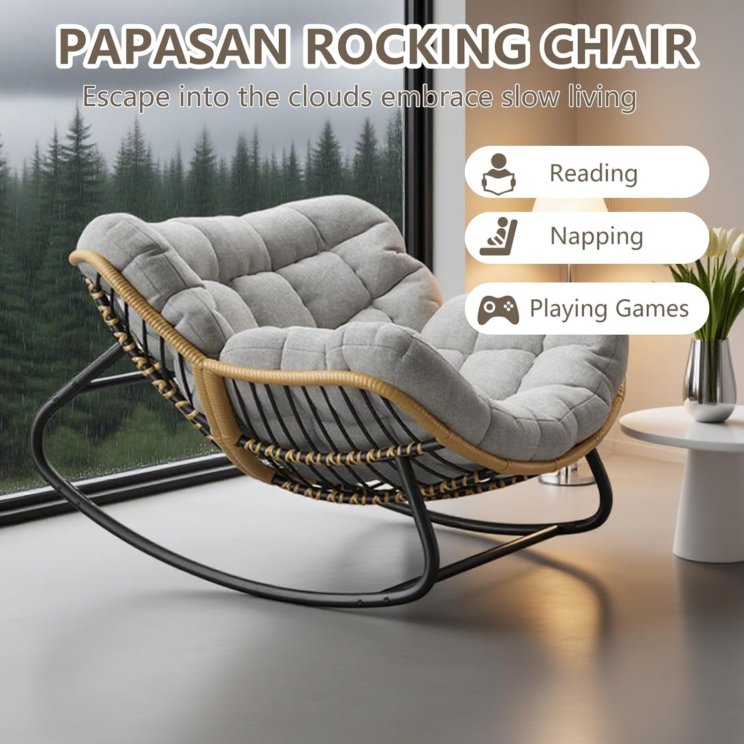 Oversized Rocking Chair,Outdoor/Indoor Patio Papasan Rocker with Thick Cushion, Rattan Wicker Lounge Egg Chair for Bedroom, Living Room, Porch, Garden Backyard-Grey