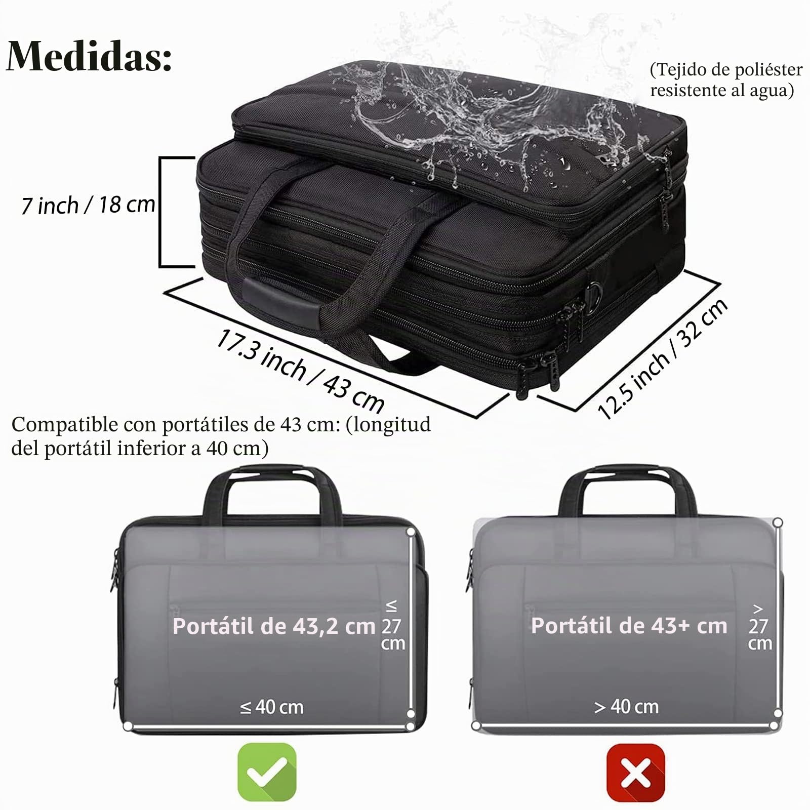 Mancro Maletín para ordenador portátil de 17 pulgadas, maletín de negocios grande para hombres y mujeres, bolso de hombro impermeable, bolso de mensajero, bolso para ordenador extensible, negro