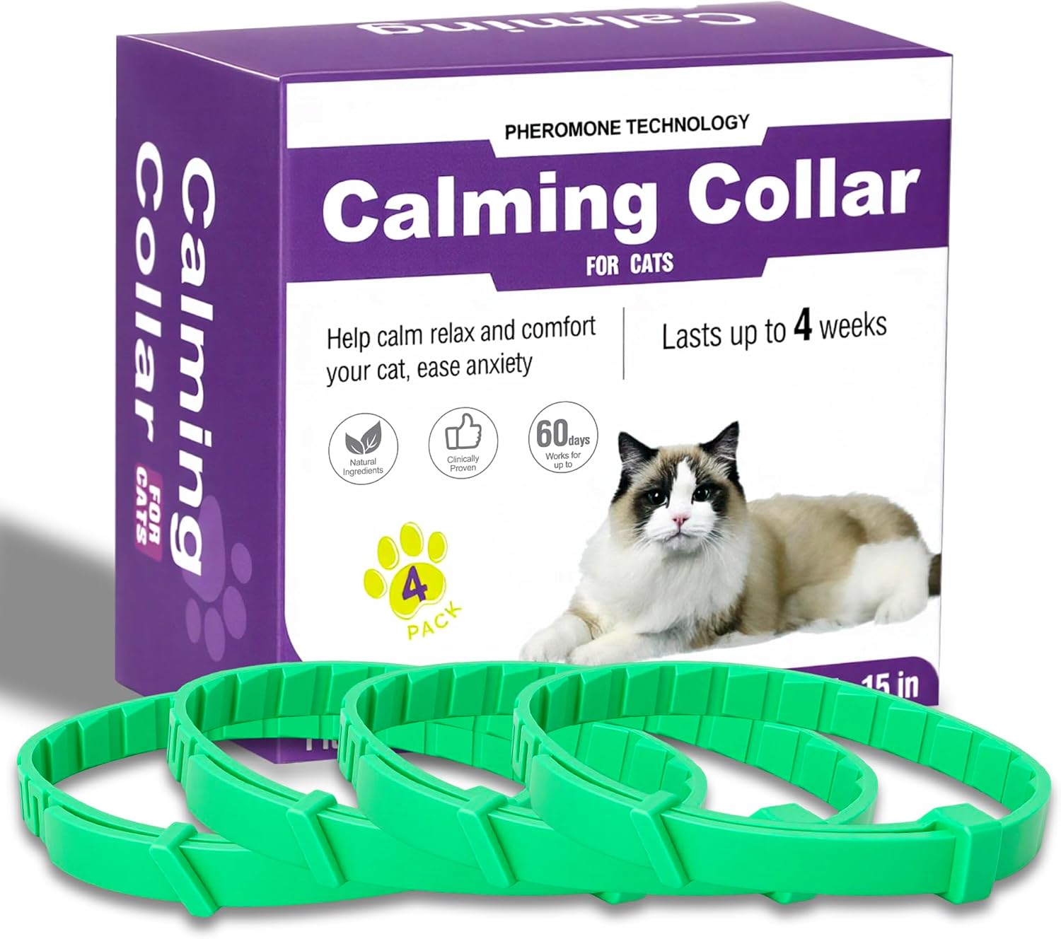 Calming Collar for Cats, Pheromone Cat Calming Collar Cat Anxiety Relief & Stress, Natural Ingredients Pheromones Rapid Effect Adjustable Waterproof, 4 Pack