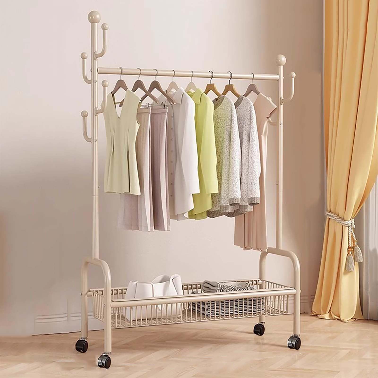YNBSHGAA Heavy-Duty Rolling Garment Rack with Integrated Basket, Free-Standing Metal Clothes Hanger for Bedroom, 60cm/23.6in, Stylish Gold Finish,Bianco-80cm/31.5in