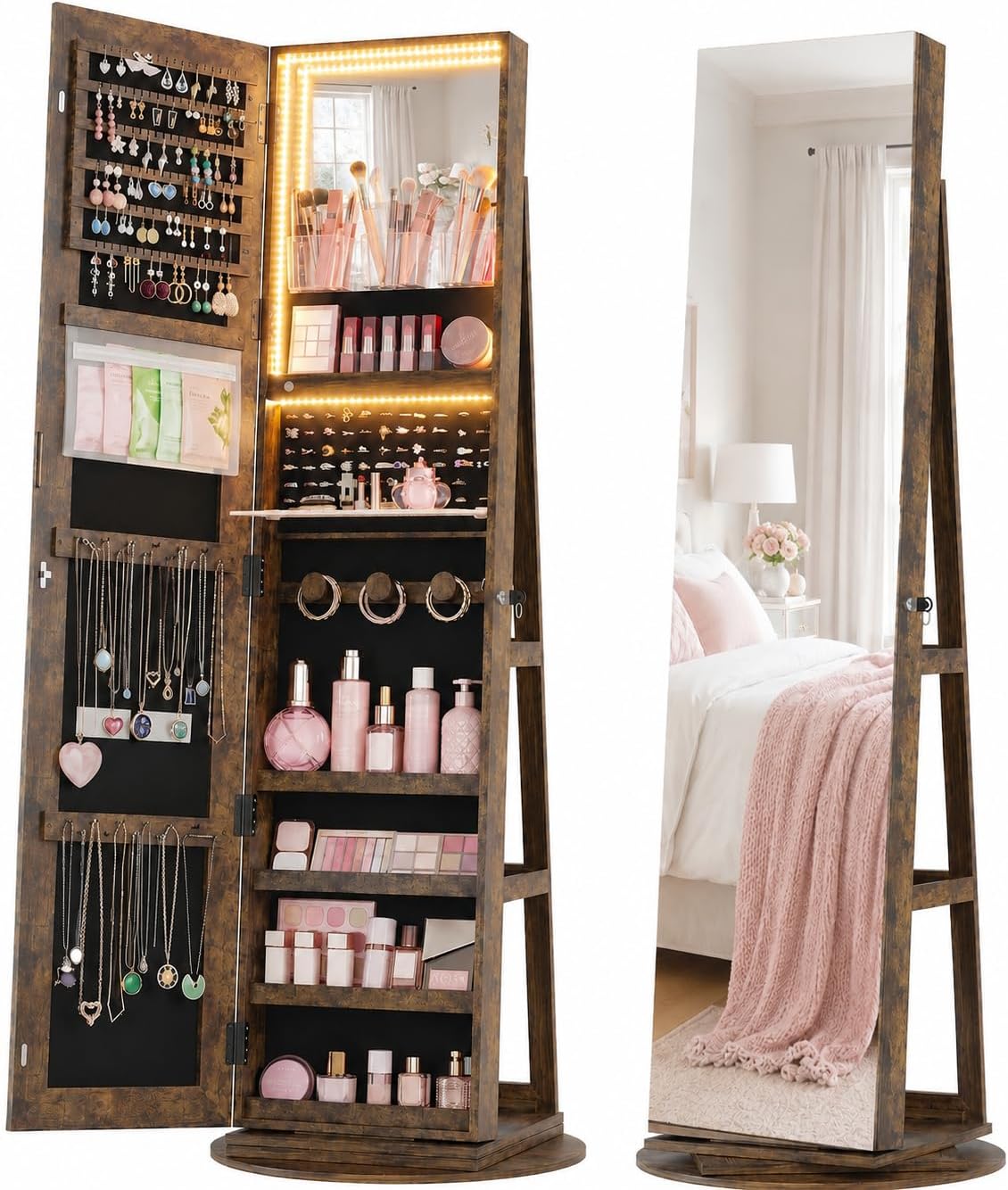 Vlsrka 360° Swivel Mirror Jewelry Cabinet, Lockable Jewelry Armoire, Brown