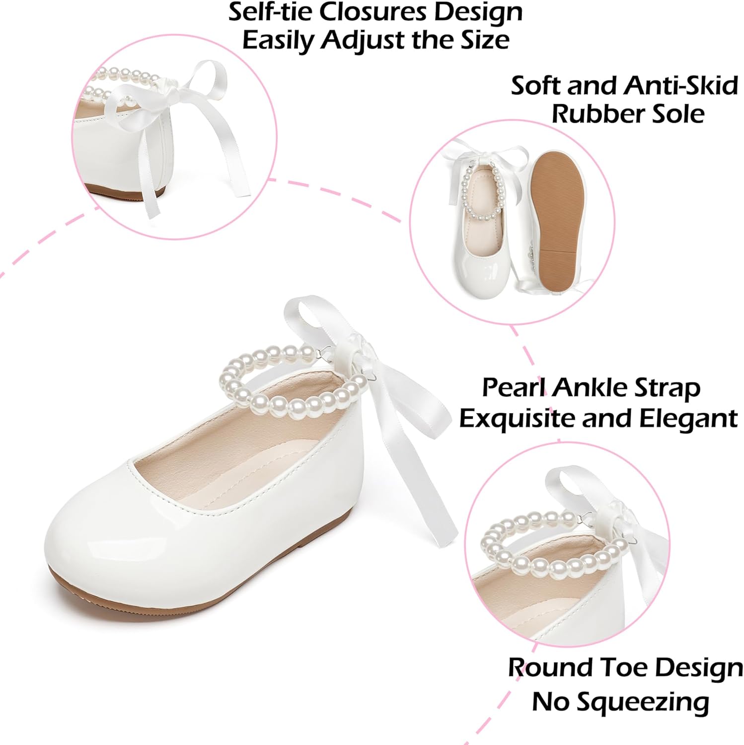 Toddler Flower Girl Dress Shoes - Little Girl Ballet Flats Pearl Strap for Wedding Party - Image 5