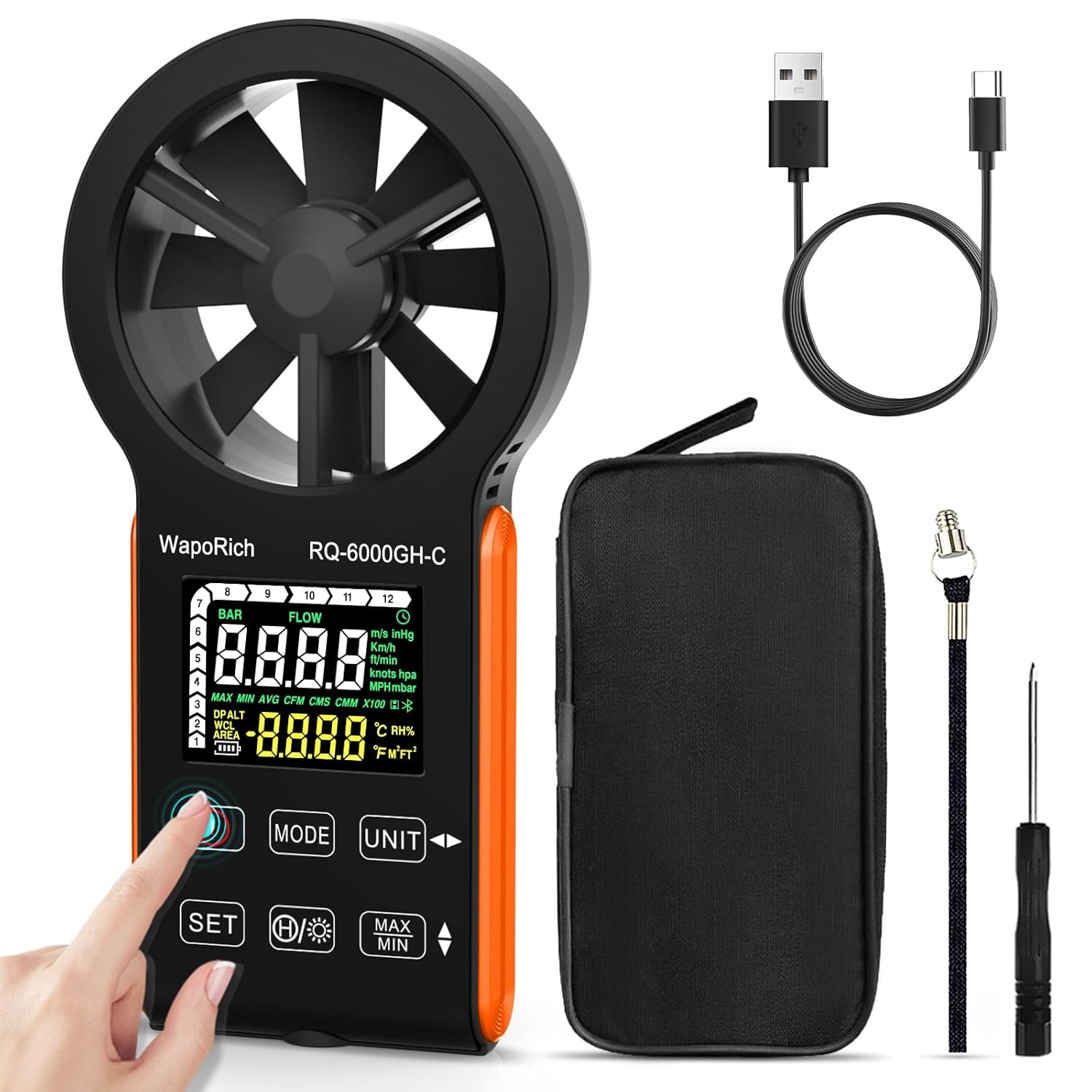 CFM Air Flow Meter Anemometer Handheld, WapoRich Wind Speed Checker HVAC Gauge Measuring 0~999900 CMS/CMM/CFM, Temp, Air Speed with MAX/MIN for Hunting Drone Outdoor - RQ-6000GH-C