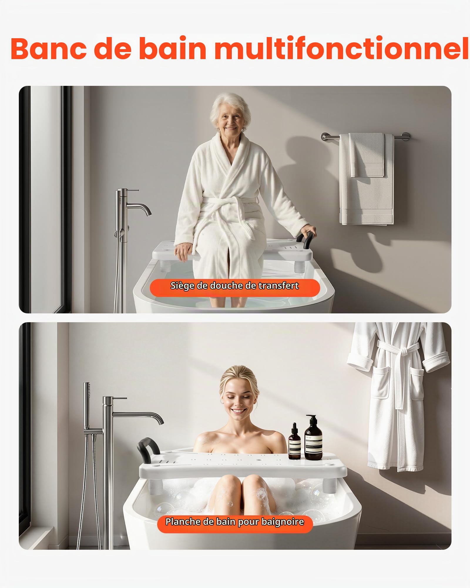 VEVOR Planche de Bain, Banc de Transfert pour Baignoire avec Poignée, Capacité de 150 kg, Pieds Antidérapants Réglables pour Adultes, Personnes Âgées et Handicapés, pour Baignoires de 41 cm à 62 cm