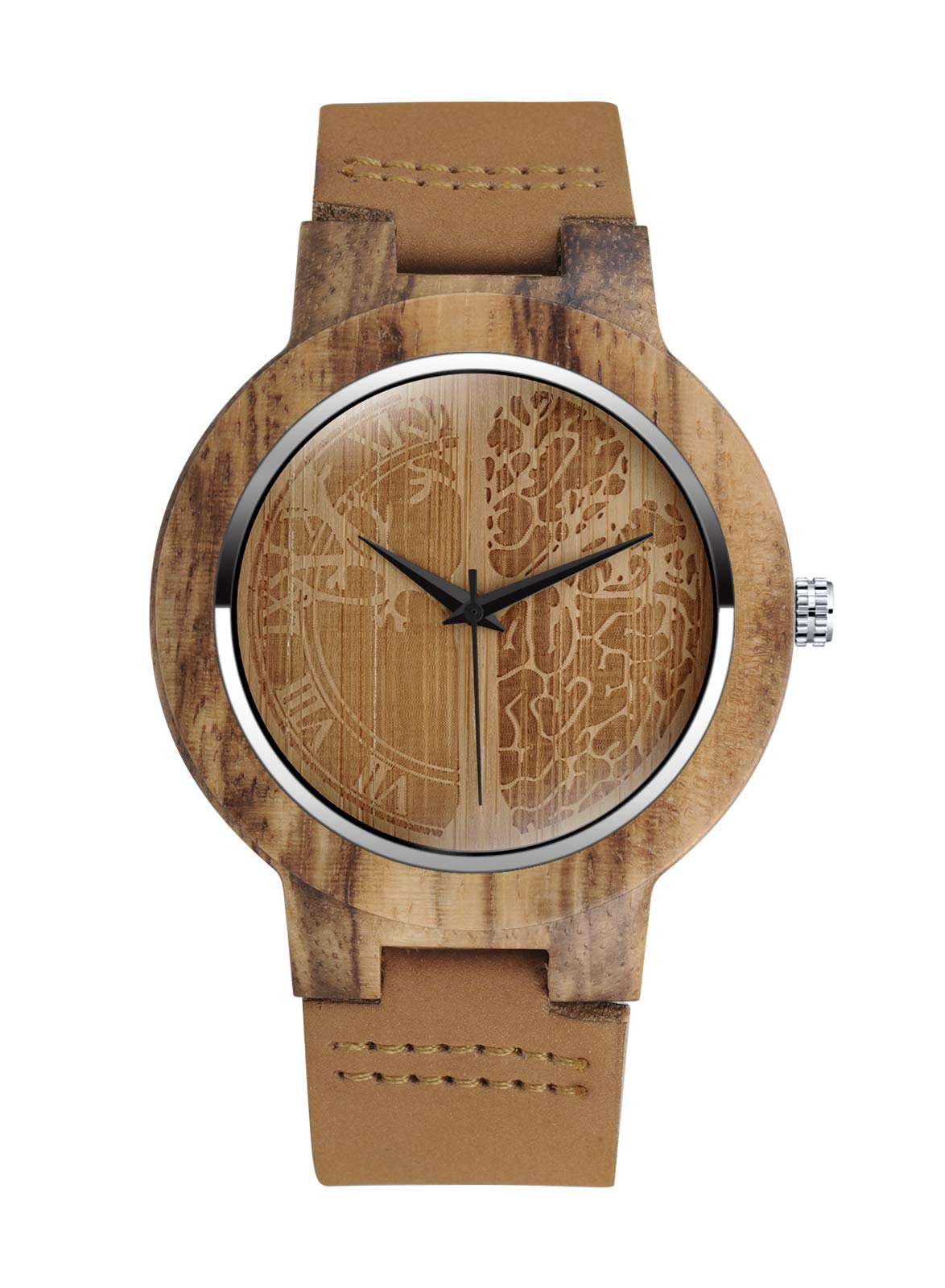 Montre en Bois de Bambou MicLee avec Bracelet en Cuir - Motif Arbre de la Vie