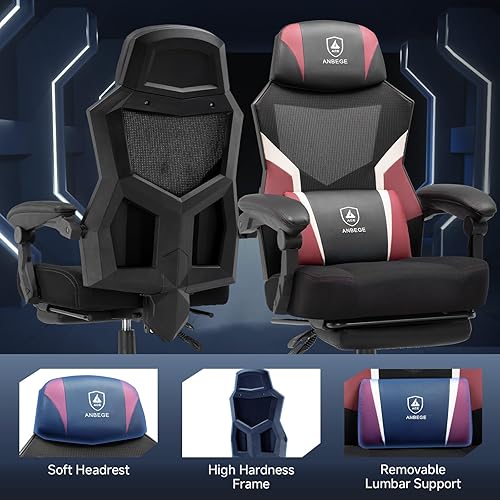 Miniatura 7 de Silla ergonómica de malla para videojuegos con reposapiés, silla de computadora de altura ajustable con soporte lumbar, silla giratoria reclinable