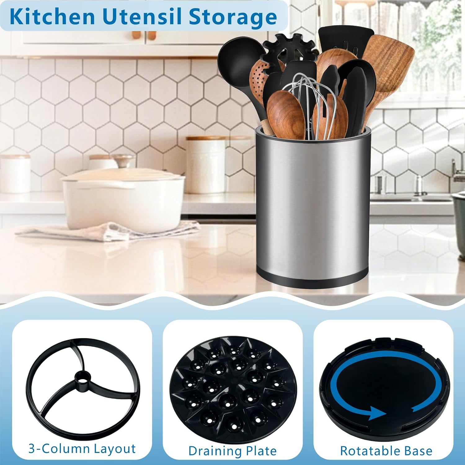 Kitchen Utensil Organizer, Stainless Steel Countertop Utensil Holder, Extra-Large 360°Rotating Drainable Storage Bin with Three Compartments, Ideal for Tableware and Cooking Tools (Silvery)