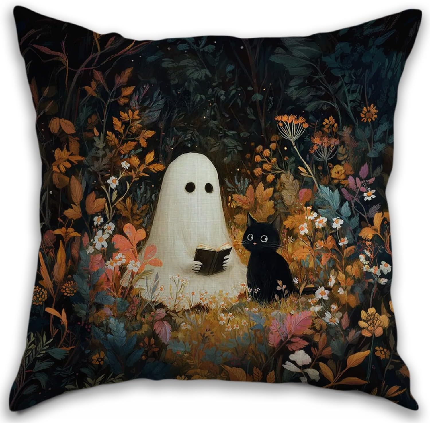Vintage Floral Print Throw Pillow Cover 18x18inch - Cute Ghost and Black Cat Decor Pillowcase | Indoor Outdoor Cushion Case for Sofa Couch Bed Living Room Bedroom Home (White&Black)