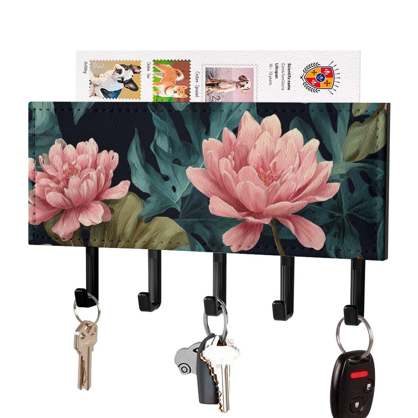 Jubonexis Green Leaves and Pink Flowers Watercolor Wall Mount with 5 Hooks Acrylic Key Rack for Home Office Entryway