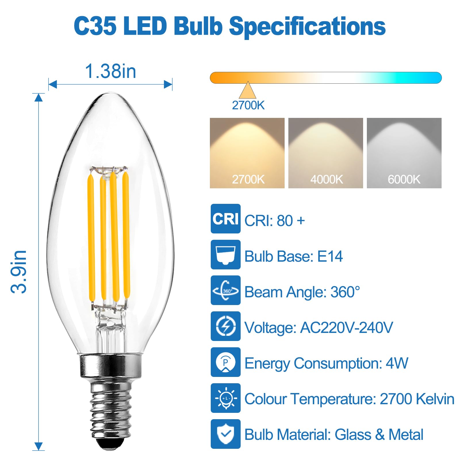 LangPlus+ E14 LED Light Bulb, Dimmable Candle Bulbs, 4W, 40W Equivalent Small Edison Screw SES E14 Bulb, Warm White 2700K - Image 2