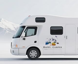 Funny Happy Camper Wall Sticker, Adventure Theme Explore Tribal Hiking Camping Travel Decoration Mountains Campfire Pattern Waterproof Vinyl Decals for Homer RV Camper Trailer SUV Car Truck Van