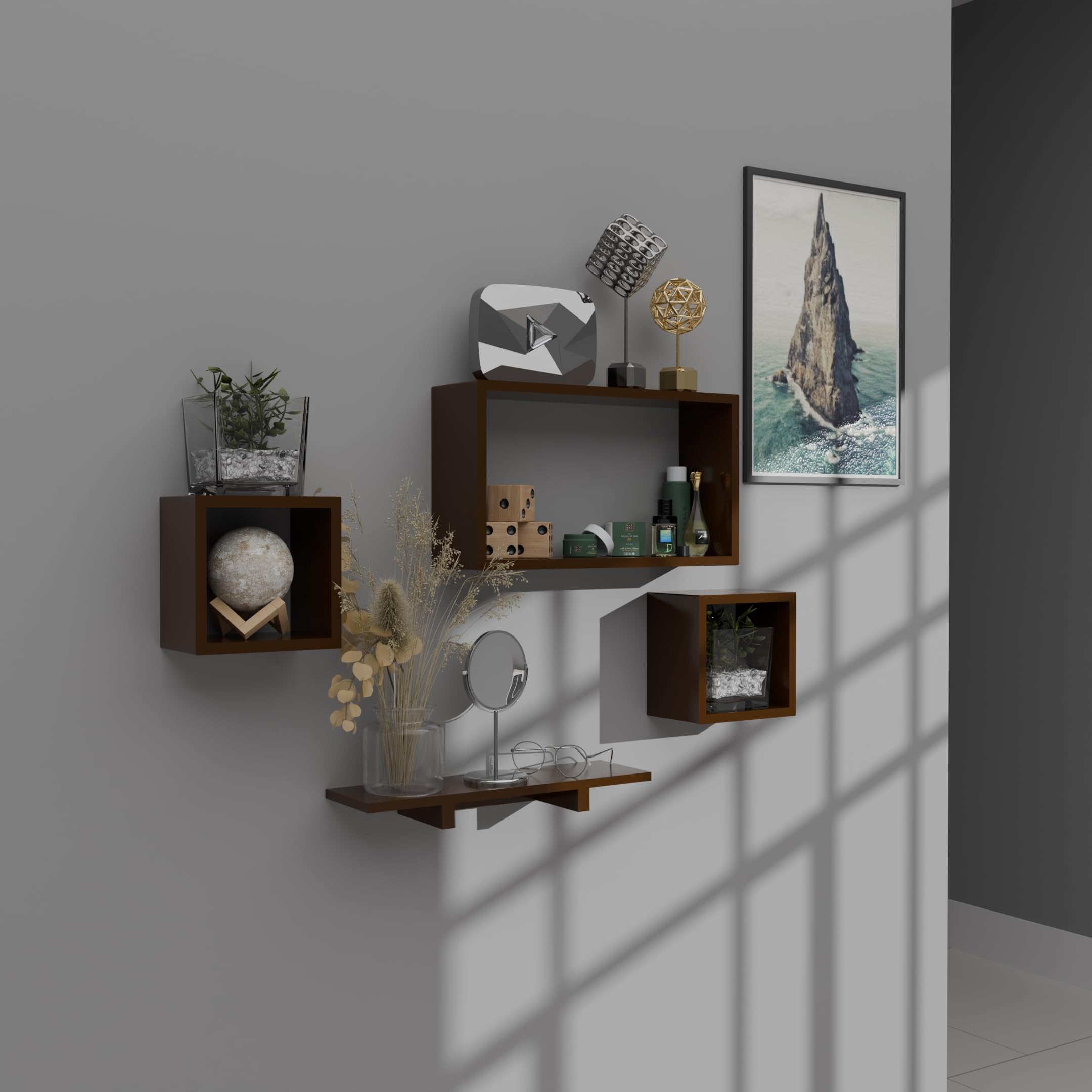 ETIQUETTE ART Wooden Floating Wall Shelf with 4 Shelves - MDF Wall Mounted Shelf for Living Room, Bedroom, Office Decor - Display Rack for Books, Kitchen Wall Storage Unit (Brown) (B0CYH6L75B) Amazon Price History, Amazon Price Tracker