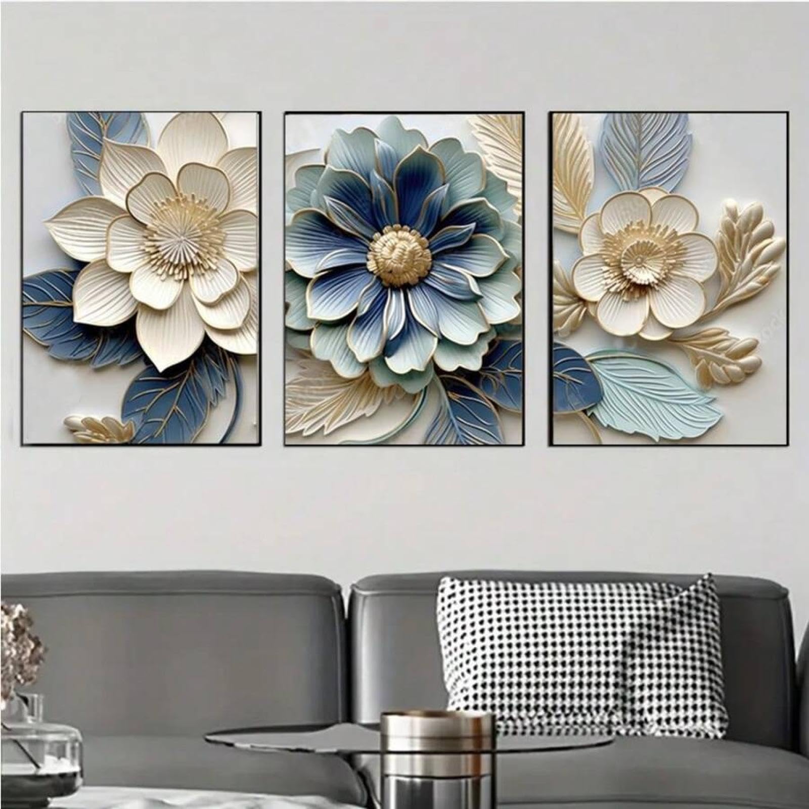 Affiche florale bleue et dorée 60x90 cm pour salon chic - 8