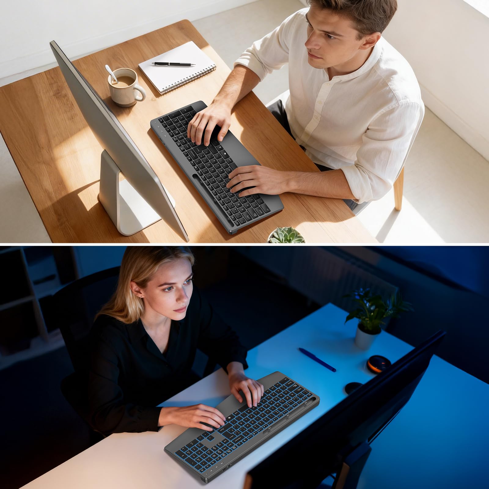 OMOTON Teclado Inalámbrico Ergonómico Reposamuñecas QWERTY Español 2,4G | Recargable, Teclado Silencioso, 7 colores retroiluminación, Soporte móvil, Oficina estudio, para Windows y Linux