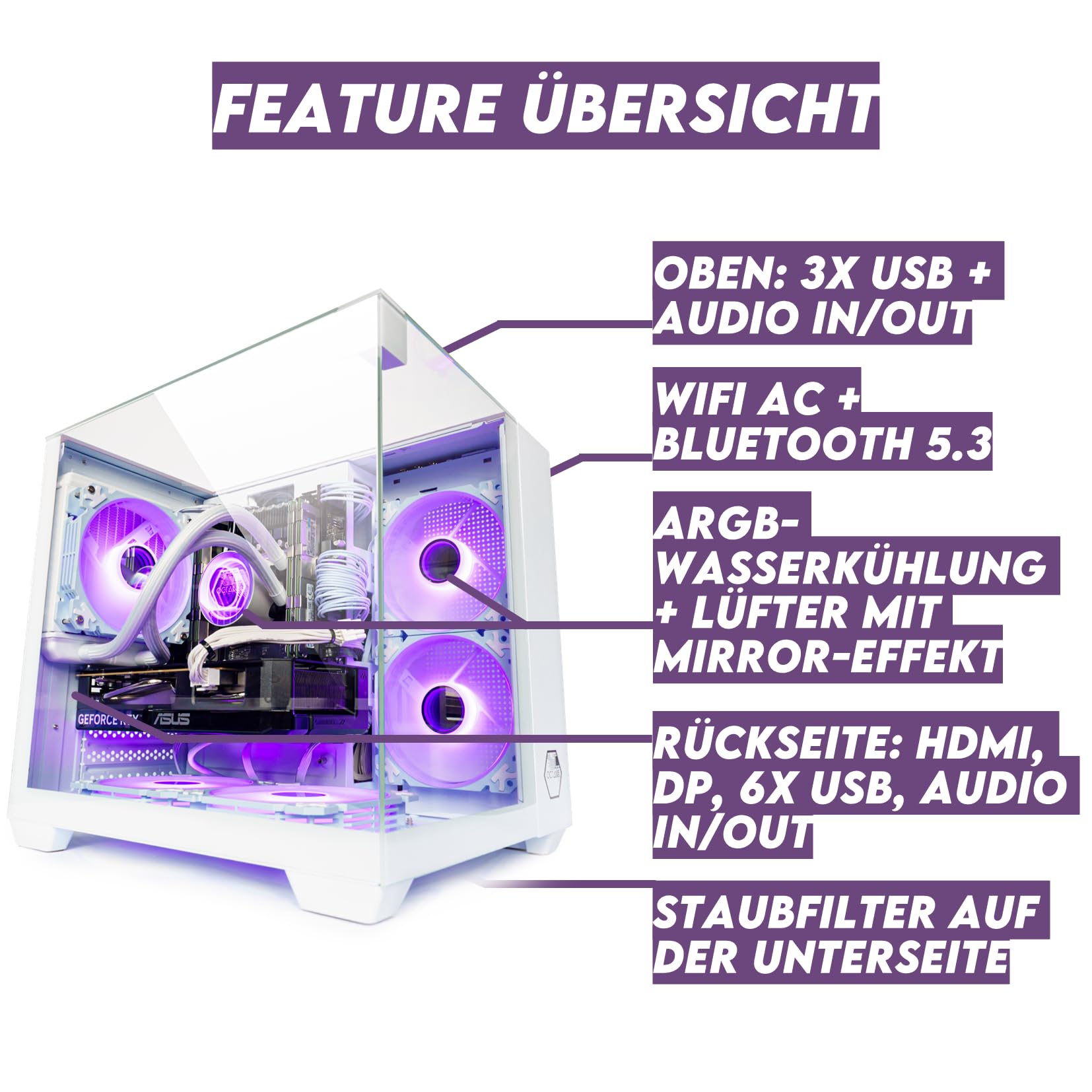 Gaming PC Venom White Wasserkühlung, RGB, bis 128GB RAM, GTX 1660S/ RTX 3050/ RTX 5060, bis 2TB SSD, Intel E5, WiFi, BT (1. Grafikkarte: NVIDIA GTX 1660 SUPER, 64GB RAM | 1TB SSD)