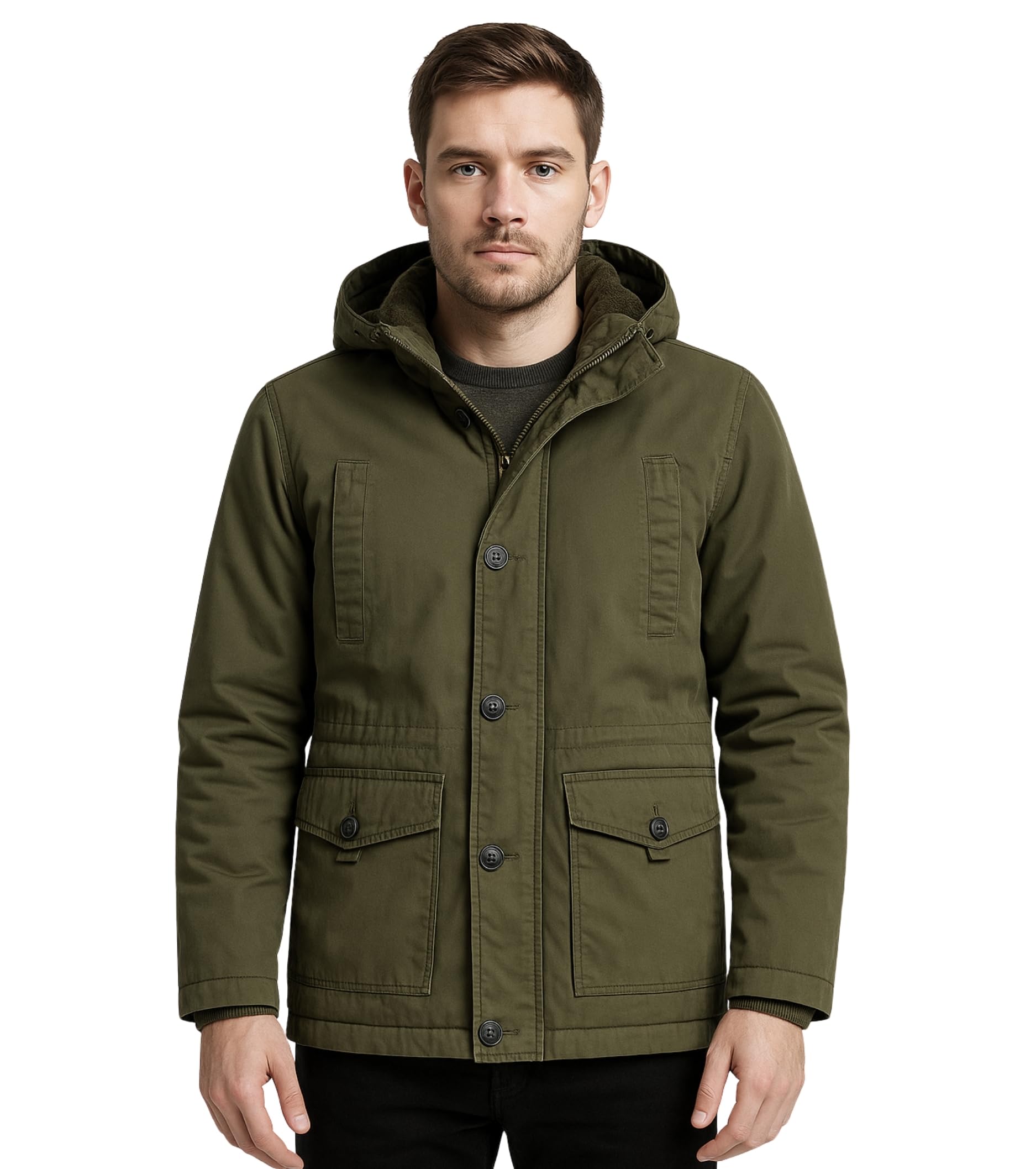 L'MONTE Men's Imported Cotton Winter Cargo Jacket with Detachable Hood, Thick Fleece Lining, Ribbed Cuffs, and Multiple Pockets – Warm, Windproof Outdoor Parka Coat for Harsh Cold Weather (M, Green)