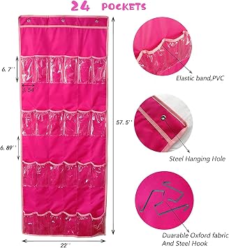Door Top Hanging Toy Storage Organizer (24 Pockets), Surprise Doll Compatible with Lol Omg Dolls Barbie Dolls (Votes Not Included), Dark Pink (147.5 x 60.8 cm)