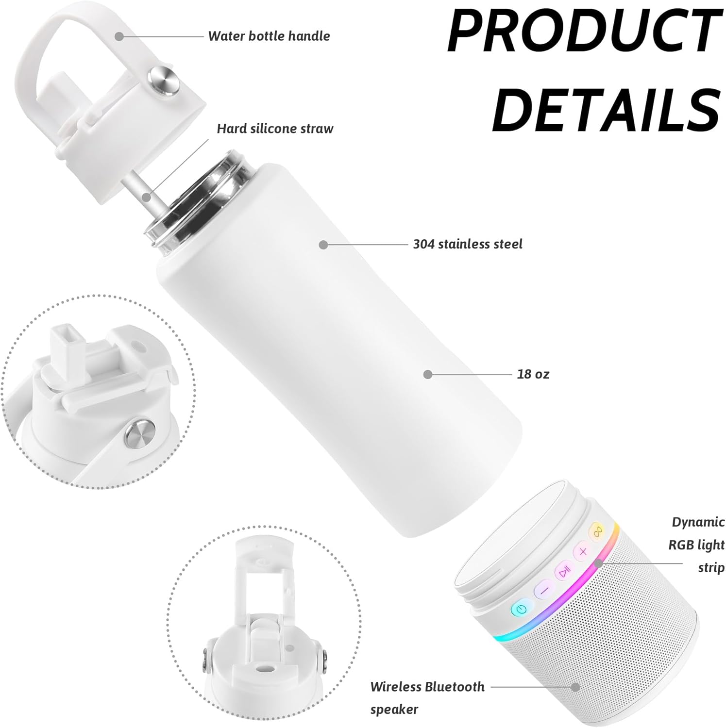 Water Bottle with Portable Bluetooth Speaker - Modular Insulated Water Bottles w/Handle, BT5.3, TWS Pairing Speaker and Stainless Steel Cups for Camping Sports Beach (White) - Image 6