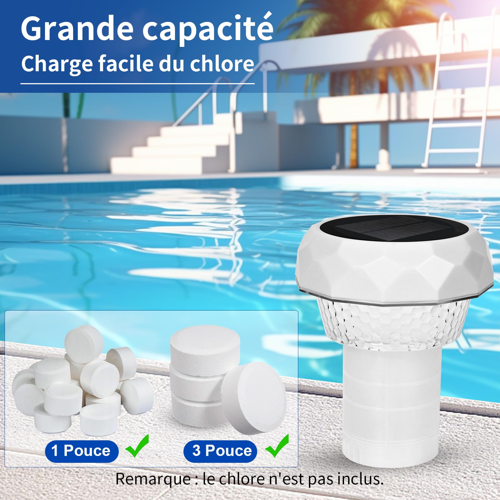 Diffuseur Chlore Piscine avec Lumière Solaire LED, Flotteur Chlore Piscine avec Télécommande, Distributeur de Chlore pour Piscine Diffuseur Spa