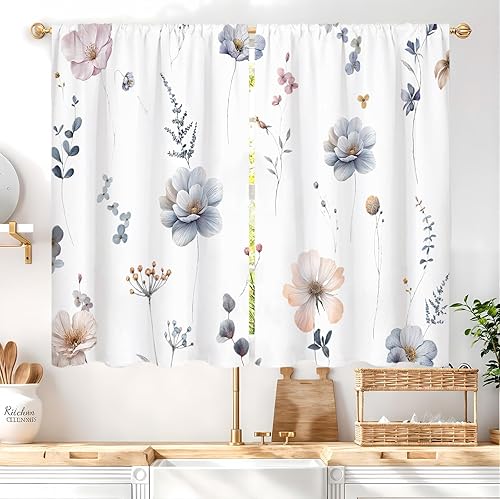 Miniatura 13 de Cortinas de cocina con estampado floral verde azulado de 27.5 pulgadas de ancho x 39 pulgadas de largo, 2 paneles con bolsillo para barra, rústicas,
