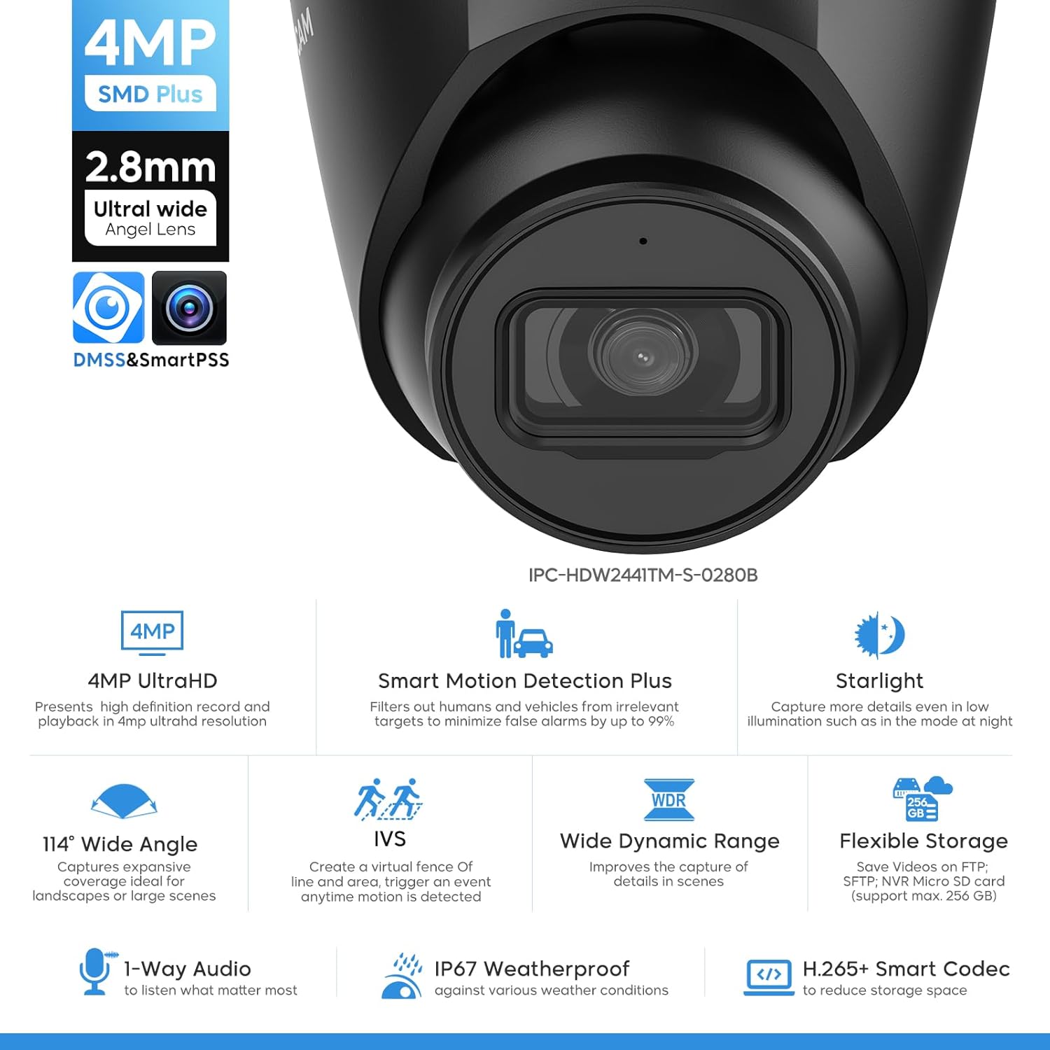 4MP PoE Turret IP Camera Black Starlight 0.006Lux@F1.6 PoE Camera Outdoor, Smart Human/Vehicle Detection, Intrusion Tripwire Alarm, 2.8mm Wide Angle Lens, DMSS & SmartDSS