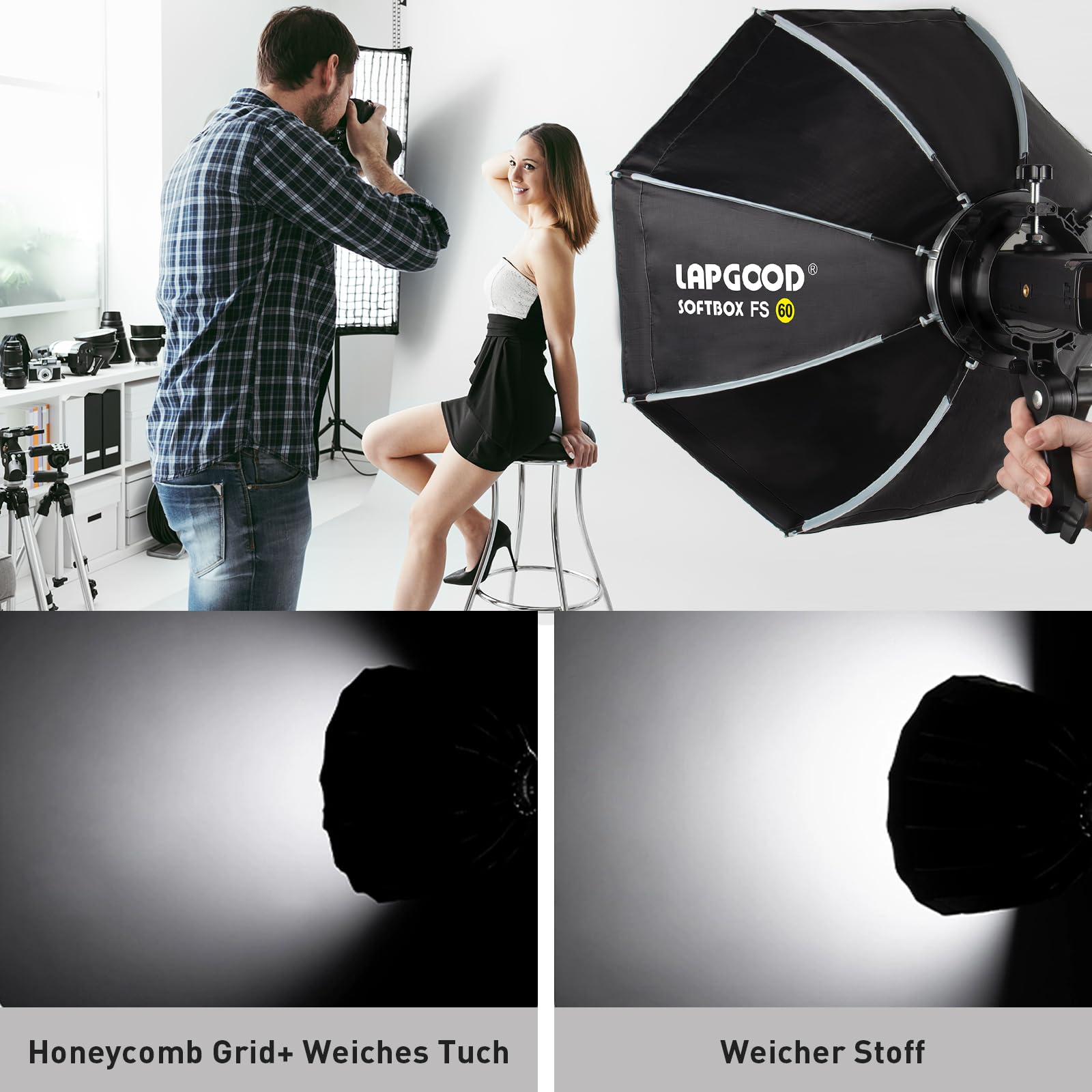 Bowens Mount Softbox 60cm LAPGOOD FS60 Softboxen, Quick Release Faltbare Softbox mit Honeycomb Gitter, S-Typ Blitzhalterung, Bowens Mount und Tragbartasche, Soft Box für Studio Photography Video Blitz