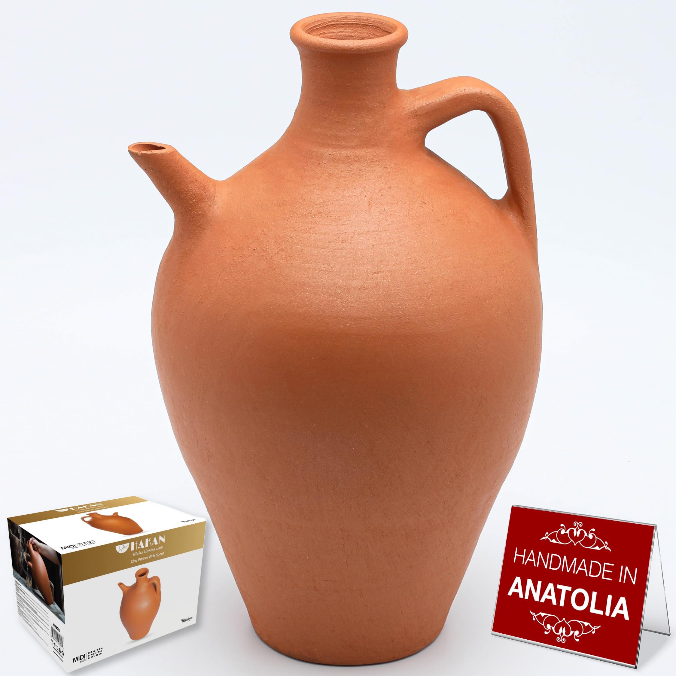 Hakan Handmade Traditional Unglazed Clay Pitcher with Spout, Terracotta Pitcher, Natural Home Decor Vintage Drinking Bottle, Earthenware Beverage Jar from Cappadocia, Pottery Mud Water Jug, Large