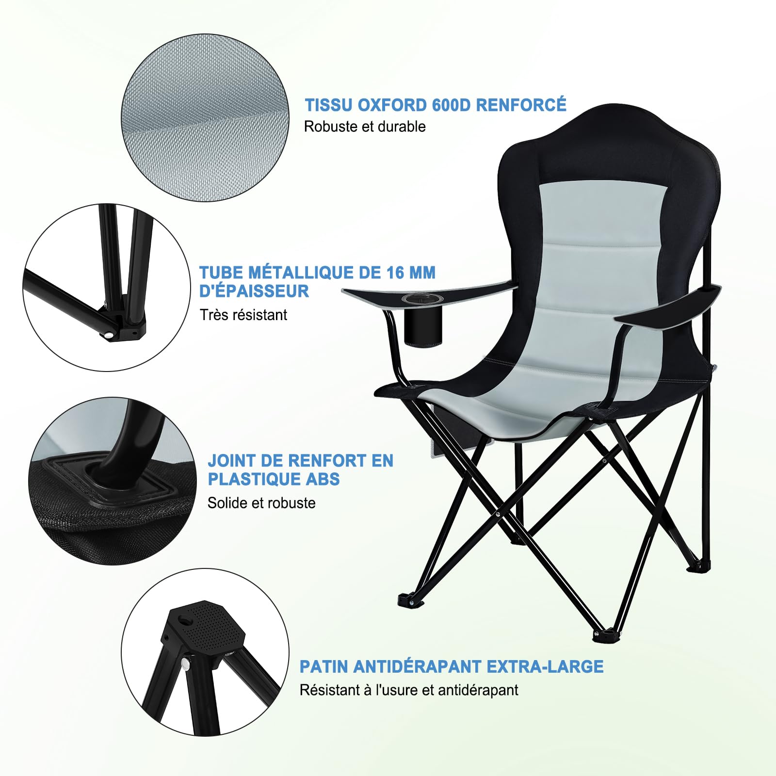 WOLTU Chaises de Camping Pliantes, Lot de 2, Chaise Pliante Portable et Légère, Chaise d’extérieur Confortable avec Dossier Haut, pour Jardin Randonnée Pêche Plage, Noir+Gris Clair