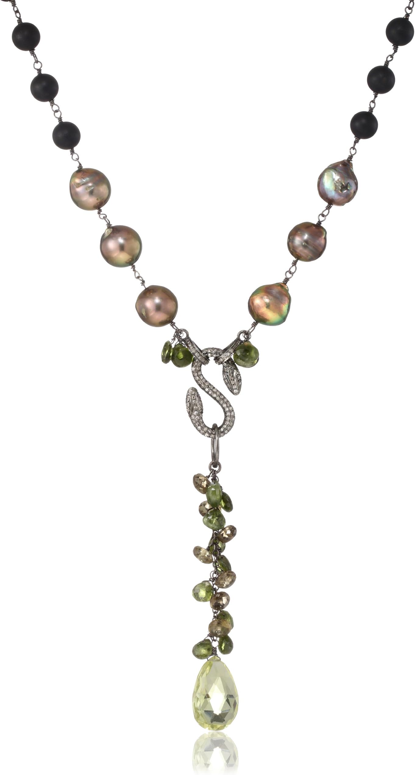 Wendy Brigode Matte Onyx with Pearl and Idocrase Drops Diamond Snake Clasp Necklace