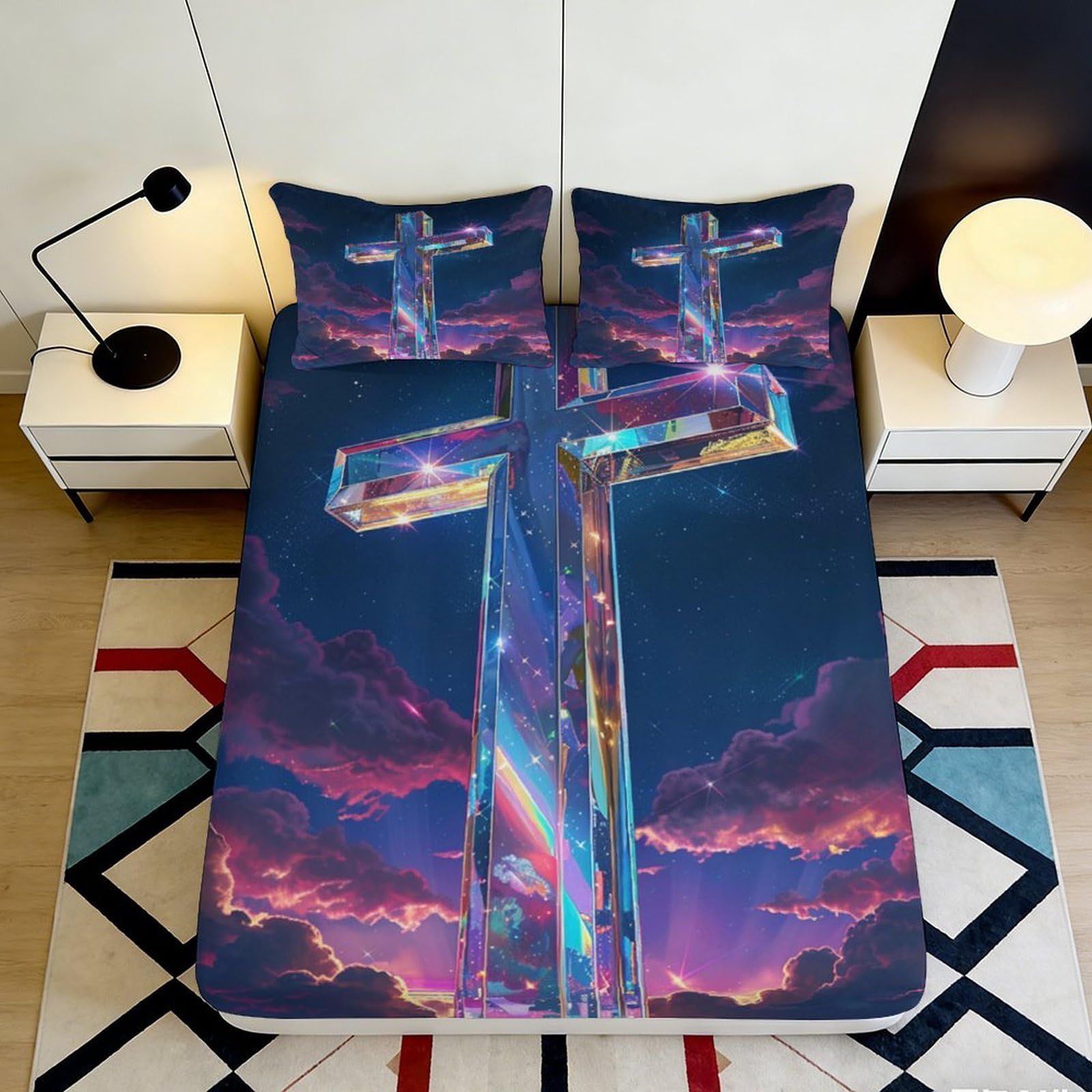 3D Printed Iridescent Cross Fitted Sheet Microfiber Bedroom Decor Cloud Sky Bed Cover for Home Guest Room 90x200x25cm